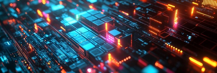 Obraz premium Futuristic digital landscape with glowing microchips and neon circuits, representing advanced technology and data processing in a vibrant cyberpunk style.