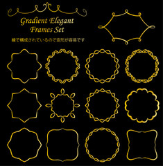 ゴールドグラデーションカラーのエレガントでクラシカルなフレーム・タイトル・見出しのデザインセット。線は拡張していないので編集が容易です。CC2020にて保存。