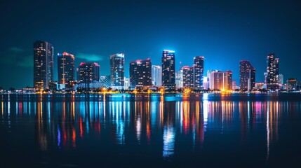 Obraz premium A city skyline at night with lights reflecting on the water with