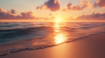 Obraz premium A serene beach at sunset, golden light reflecting on the sand and water