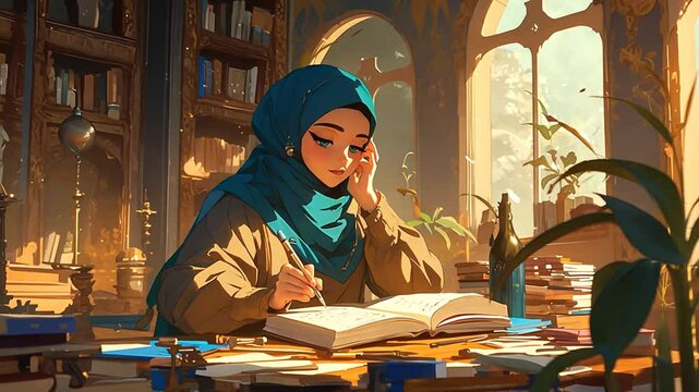 Young Woman Studying in a Cozy Library During Golden Hour Generative AI