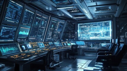 Naklejka premium A high-tech control center inside a space station, where scientists analyze data from ongoing experiments and missions