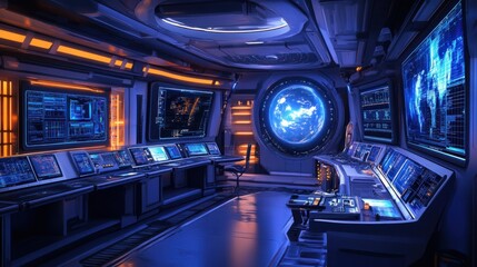Obraz premium A high-tech control center inside a space station, where scientists analyze data from ongoing experiments and missions