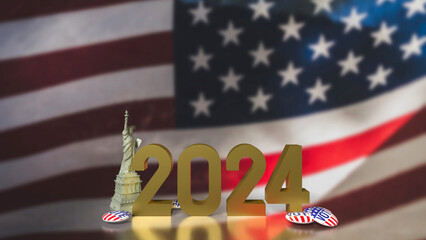 The brooch vote and statue of liberty on USA flag for U.S. presidential election concept 3d rendering.