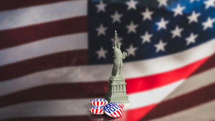 The brooch vote and statue of liberty on USA flag for U.S. presidential election concept 3d rendering.