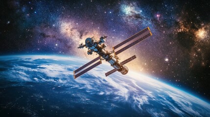 A panoramic view of a space station against the backdrop of a star-filled sky, emphasizing the beauty of space exploration