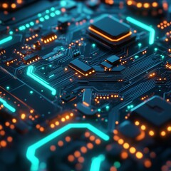Obraz premium Cyberpunk-Style 3D Digital Circuit Board for Futuristic Technology Concepts