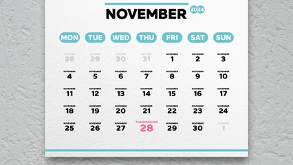 Close-up of a nice November page of the calendar 2024 with the date of Thanksgiving Day marked on it