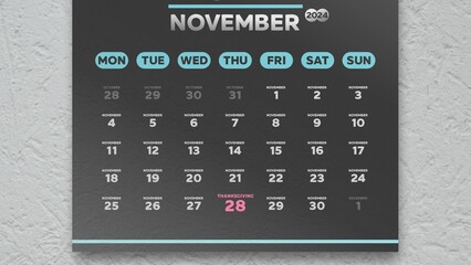 Close-up of a nice black November page of the calendar 2024 with the date of Thanksgiving Day marked on it