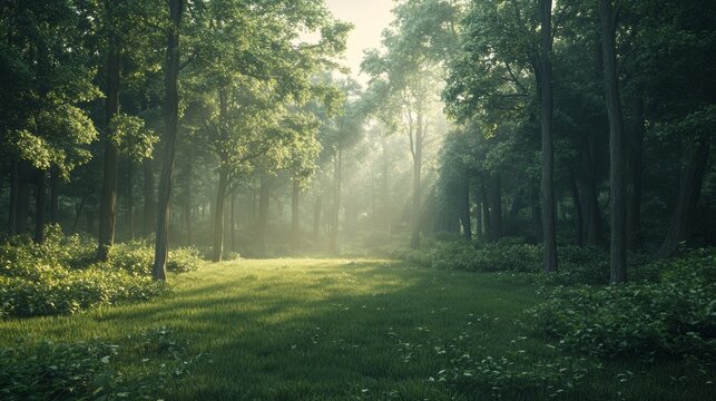 A tranquil forest at dawn, with light mist lingering among the trees and soft sunlight barely breaking through