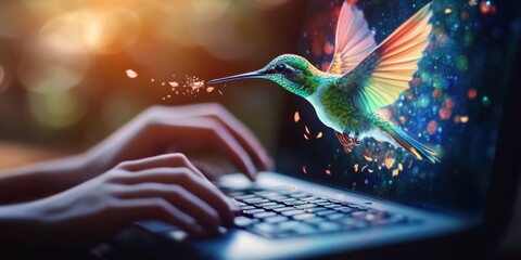 Hands typing on the keyboard, on the screen a creative program