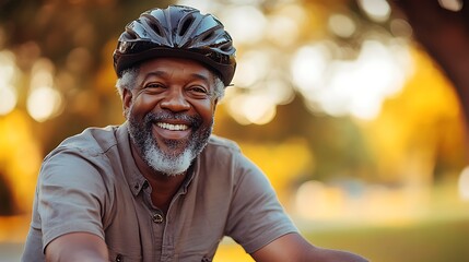  Happy mature senior black african american man riding his bicycle through a park on a sunny day, 