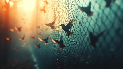 Birds Flying Through a Fence