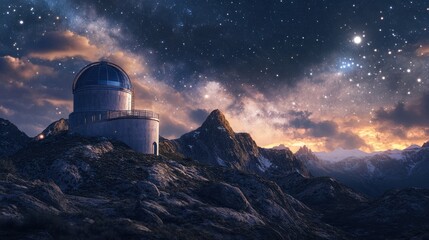 Obraz premium A shot of an observatory nestled among mountains, illuminated by moonlight with a starry sky above