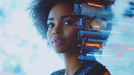 Portrait of an African American woman with digital data graphics symbolizing cloud computing, set against a futuristic blue and white background.