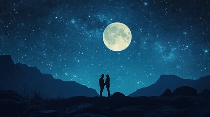 A silhouette of a couple sharing a moment under the full Moon, framed by a starry sky and distant mountains