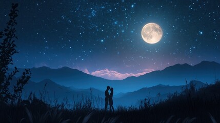 A silhouette of a couple sharing a moment under the full Moon, framed by a starry sky and distant mountains