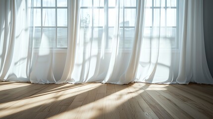 Obraz premium Bright room with white curtains, sunlight casting shadows on wooden floor, creating a warm atmosphere.