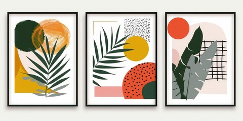 Geometric shapes mid century poster set: abstract design with tropical palm leaf, geo elements. Modern illustration for minimalist print, poster, boho wall decor framed art.