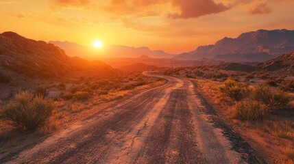 An old, weathered road winding through a rugged desert landscape