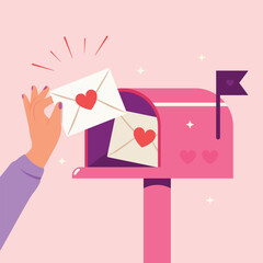 Hand holding love letter, Illustration of a mailbox with a letter, Mailbox with flag and letters inside. Sanding love letter concept.