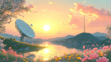 A satellite dish stands tall against a vibrant sunset, reflecting the beauty of nature.