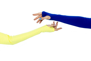 Intertwined hands with blue and yellow sleeves, concept of freedom of Ukraine
