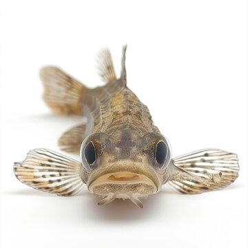 Front view of mudskipper fish, wide-spread fins, isolated on white background, detailed and perfect for educational or scientific purposes.
