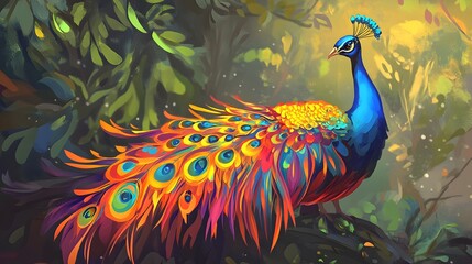 Obraz premium Majestic Peacock in Vibrant Jungle: A breathtaking digital painting of a peacock with iridescent plumage, perched amidst lush tropical foliage.