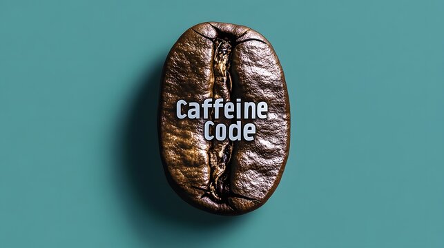 Caffeine Code: Close-up of a single roasted coffee bean with the words "Caffeine Code" etched onto its surface against a calming teal background. A playful and quirky visual for coffee lovers.