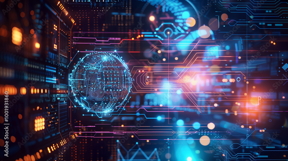 Poster a complex digital interface with glowing algorithmic lines and ai icons, surrounded by abstract, flo