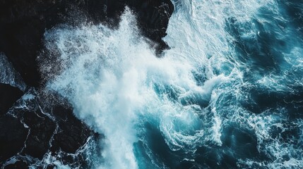 A close-up of a wave crashing against a rocky shore, with the water creating sharp