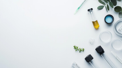 Science equipment and leaves isolated on white background.