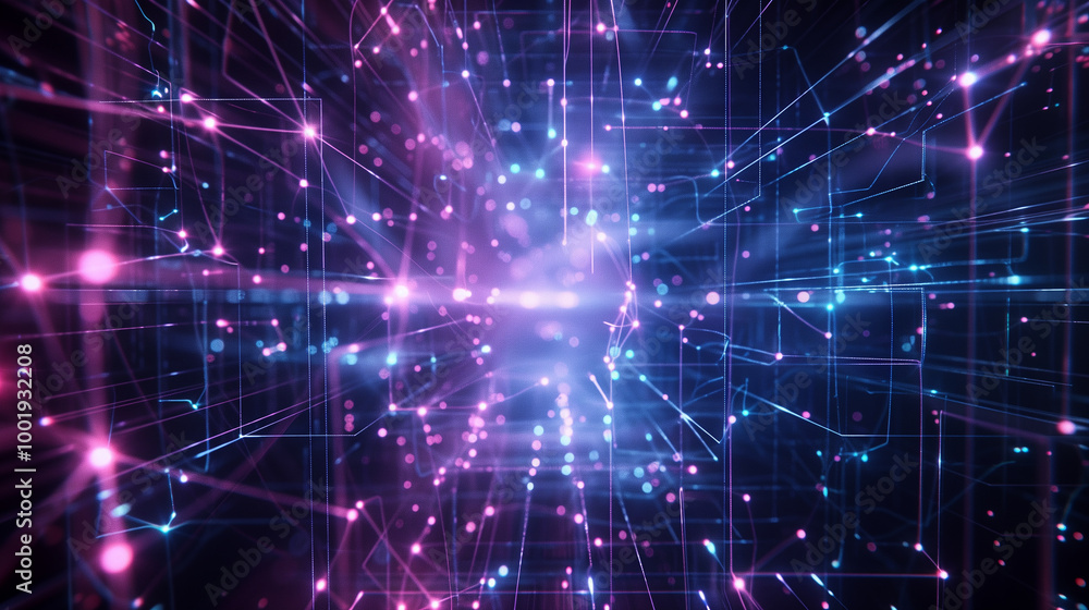 Poster abstract ai neural network with glowing nodes and digital pathways, resembling a brain's synapses, s