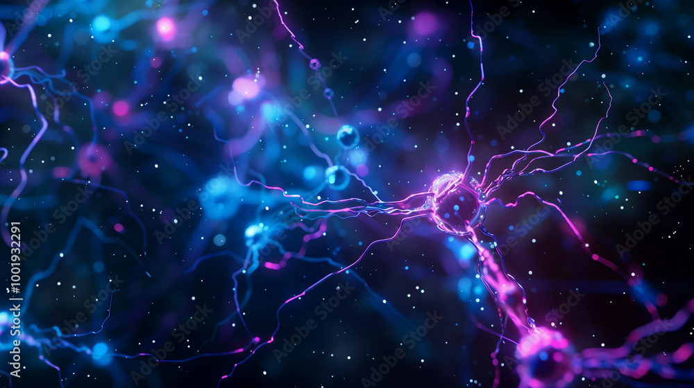 Poster abstract ai neural network with glowing nodes and digital pathways, resembling a brain's synapses, s