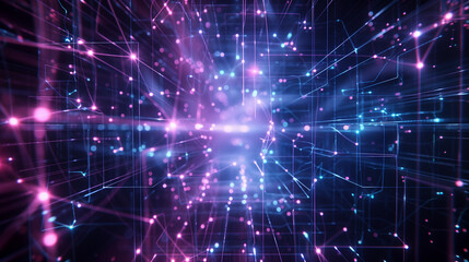 Fototapeta premium Abstract AI neural network with glowing nodes and digital pathways, resembling a brain's synapses, set against a dark, futuristic grid with blue and purple highlights.