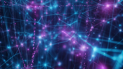 Abstract AI neural network with glowing nodes and digital pathways, resembling a brain's synapses, set against a dark, futuristic grid with blue and purple highlights.