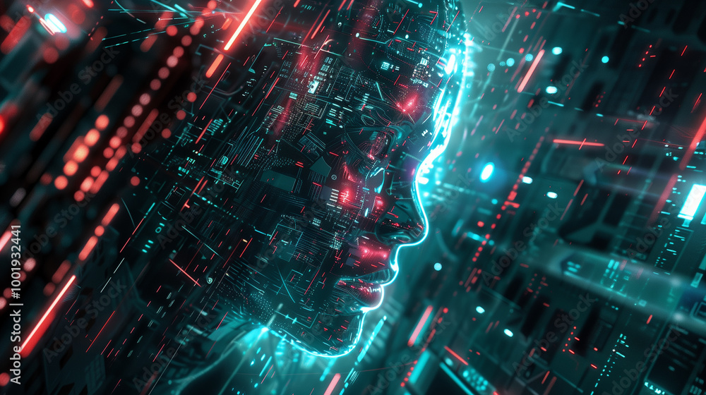 Poster cyber tech background featuring a metallic ai face emerging from a matrix of digital code, surrounde