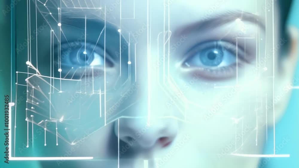 Poster woman is getting her face scanned by facial recognition software, as a form of biometric authenticat