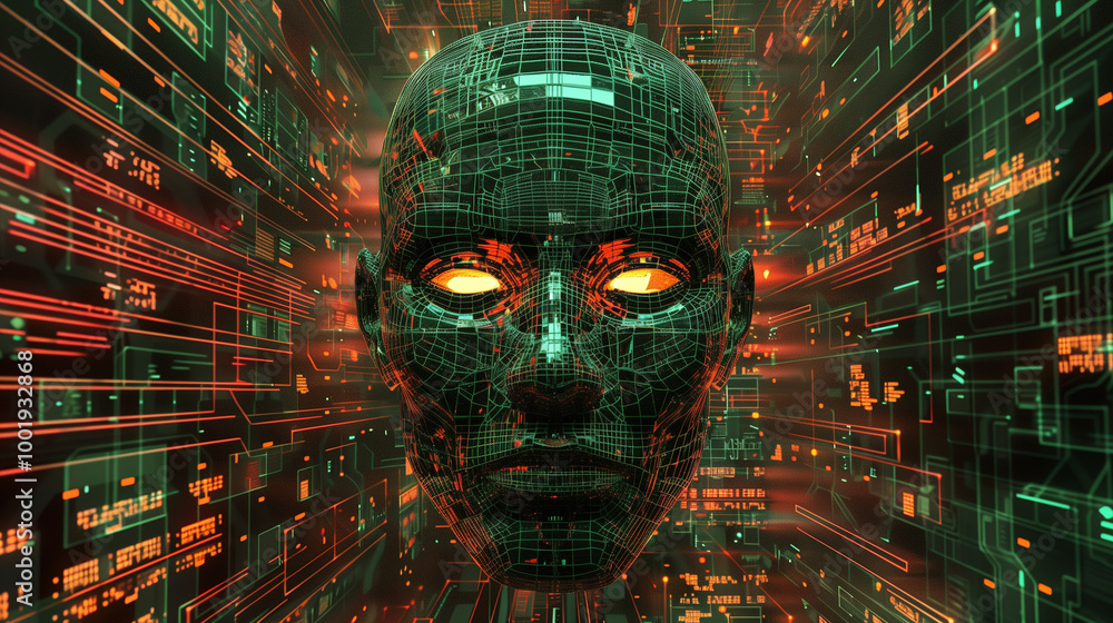 Poster cyber tech background featuring a metallic ai face emerging from a matrix of digital code, surrounde