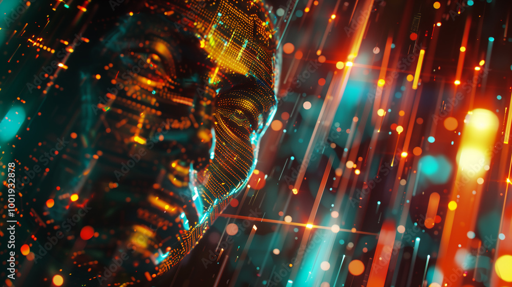 Poster cyber tech background featuring a metallic ai face emerging from a matrix of digital code, surrounde