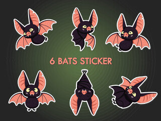 Cute Halloween 6 bats sticker. Cute collection of bats with different poses. Vector illustration