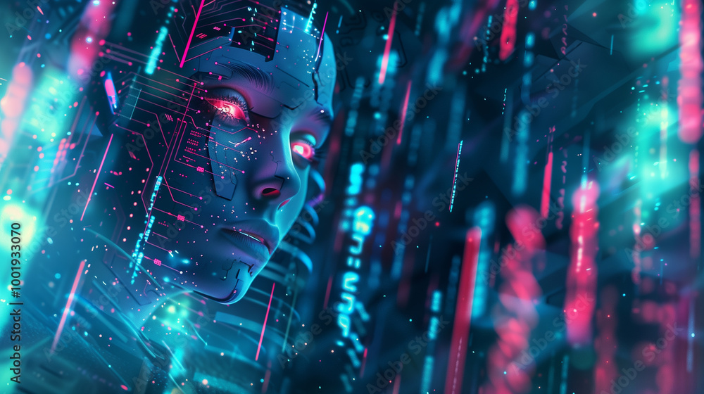 Poster cyber tech background featuring a metallic ai face emerging from a matrix of digital code, surrounde