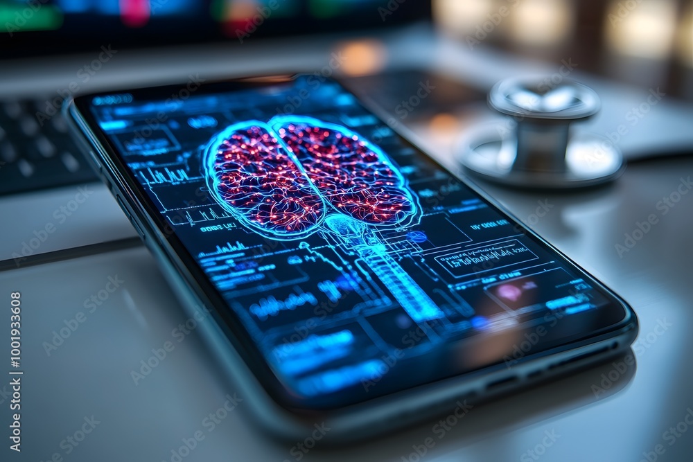 Poster a smartphone displays a digital brain with glowing neurons, symbolizing technology's integration wit