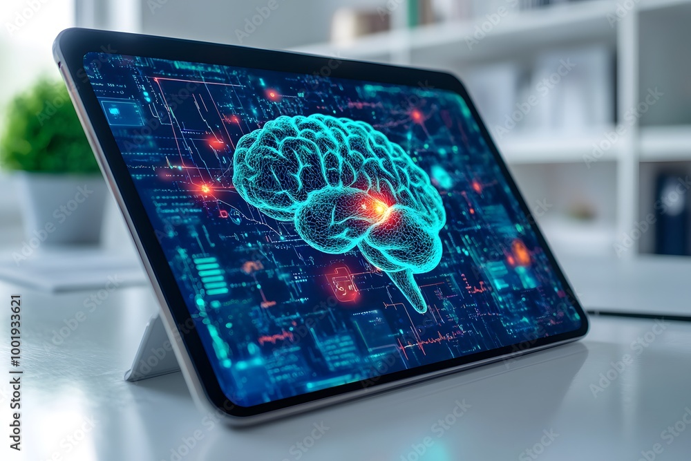 Poster a digital tablet displays a glowing brain illustration, symbolizing artificial intelligence and data