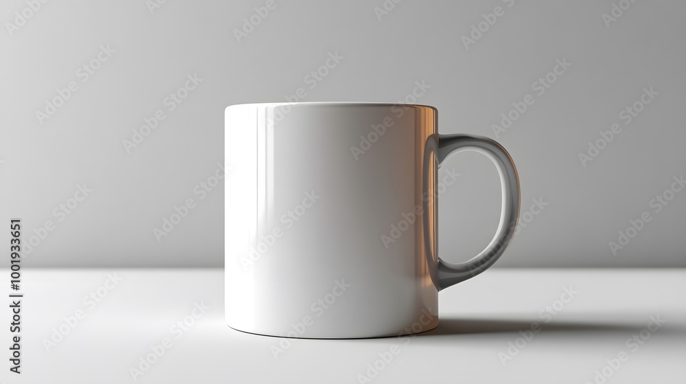 Poster a simple white coffee mug on a minimalist surface, showcasing its clean design and empty space, perf