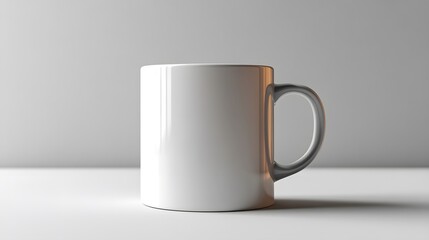 A simple white coffee mug on a minimalist surface, showcasing its clean design and empty space, perfect for branding or customization.