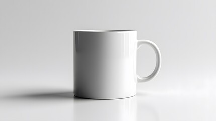 Obraz premium A plain white mug stands on a clean, reflective surface, highlighting its simple design and potential for customization.