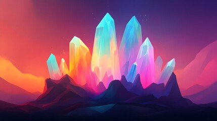 A vibrant digital artwork showcasing colorful crystals glowing against a mystical sunset backdrop.