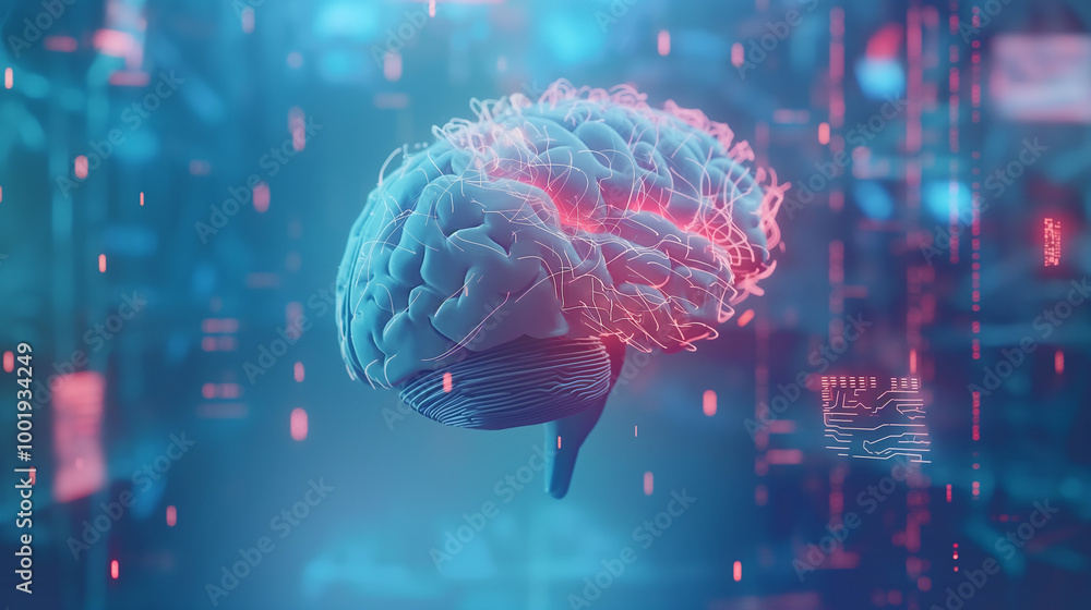 Poster holographic human brain with ai-driven circuits weaving through it, suspended in a futuristic blue s